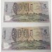 AUSTRALIA 1992 . FIVE 5 DOLLAR BANKNOTES . COLE/FRASER . CONSECUTIVE FIVE . FIRST PREFIX AA00